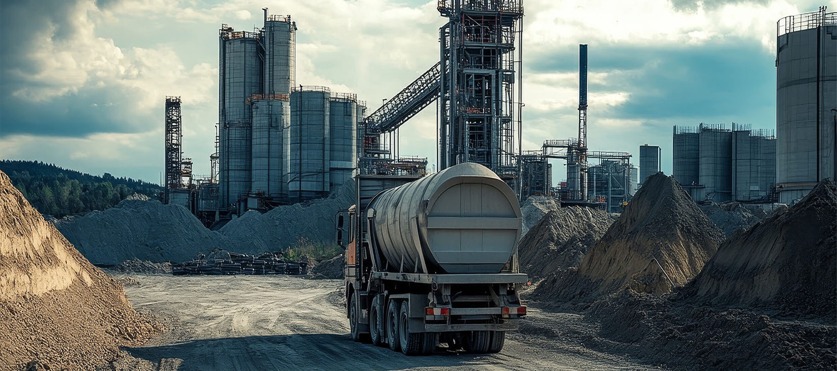 Cement plant with bulk material truck operating inside the facility, representing digitally transformed in-plant logistics operations