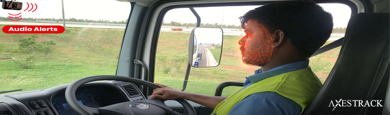 Truck driver inside the cabin with AI-based driver monitoring and dashcam detecting distraction and issuing alerts