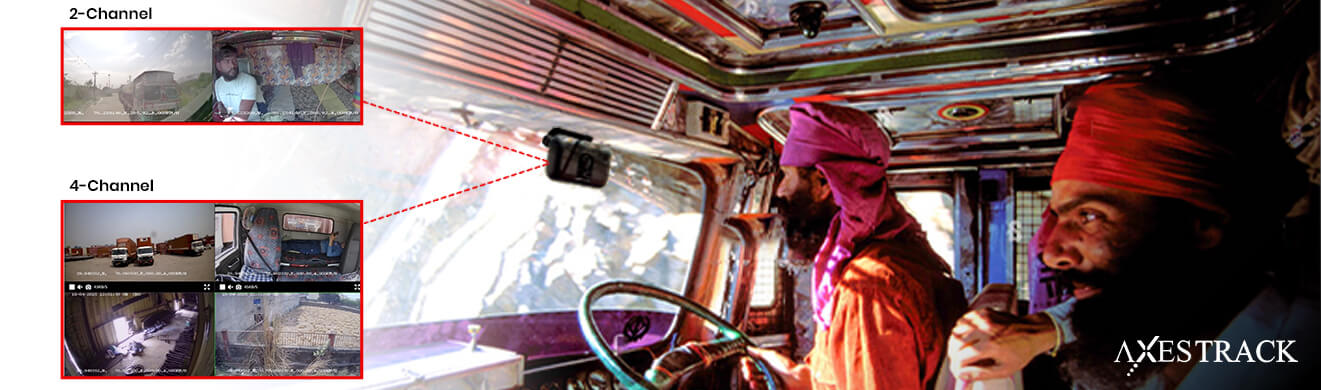 Truck cabin with dual-lens dashcam views showing road and in-cabin monitoring for improved safety and accountability