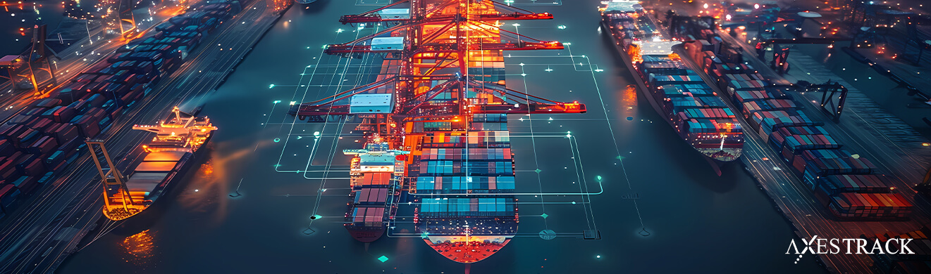 Automated port operations showing container ships, cranes, and digital data overlays representing performance tracking and KPI monitoring