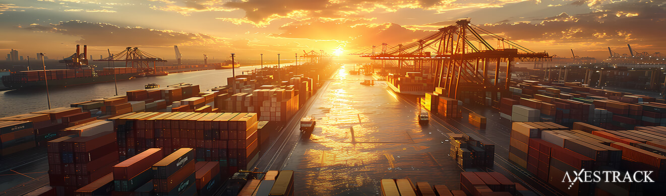 Container port at sunset with stacked containers and cranes, representing sustainable port operations enabled by automation