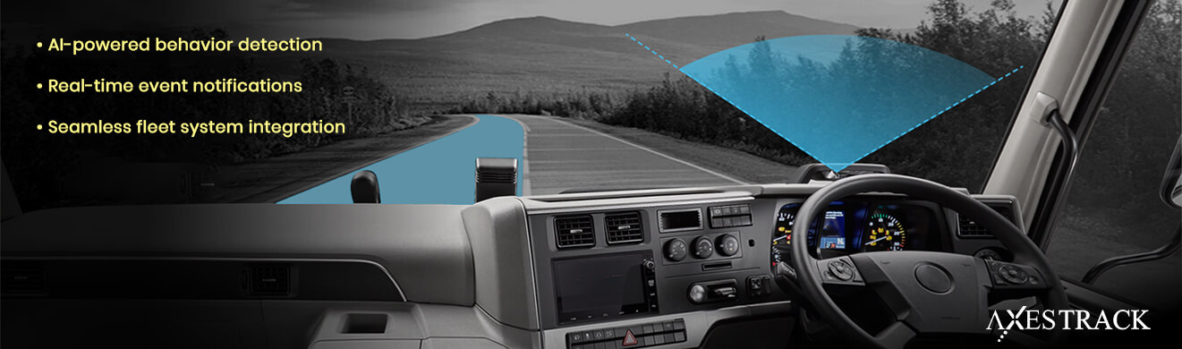 Truck cabin view showing driver monitoring and dashcam system with real-time alerts for modern fleet management